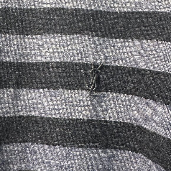Saint Laurent Blue And Dark Blue Striped Linen Monogram T-Shirt - Picture 3 of 4